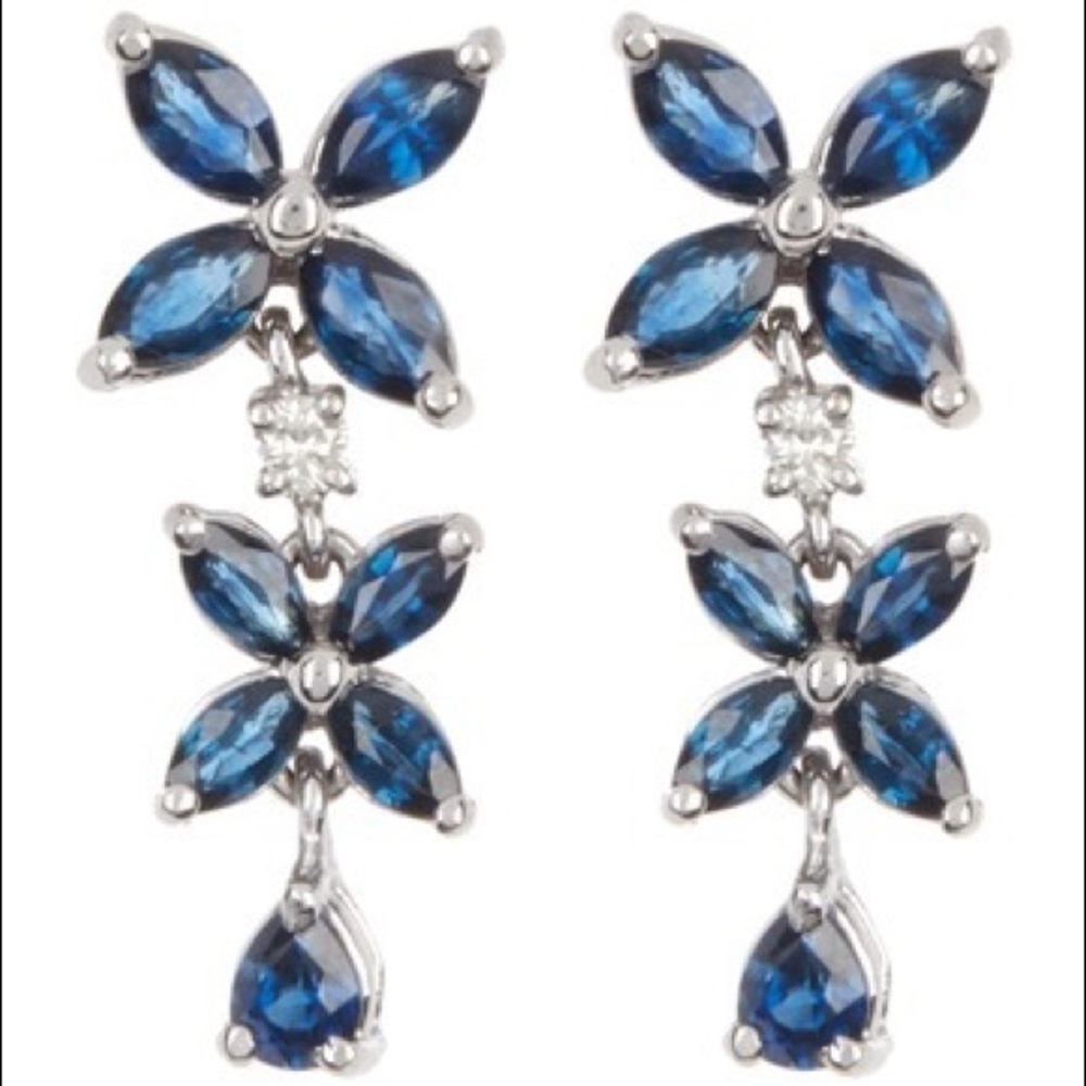 14K White Gold Blue Sapphire Diamond Drop Earrings